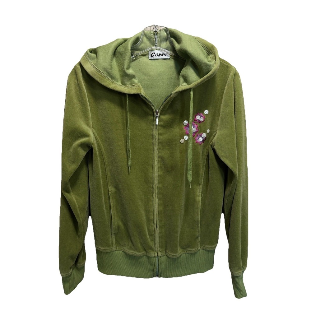 Vintage Connie Velour Green Zip Up Hoodie‎ Buttons Embroidery Pockets